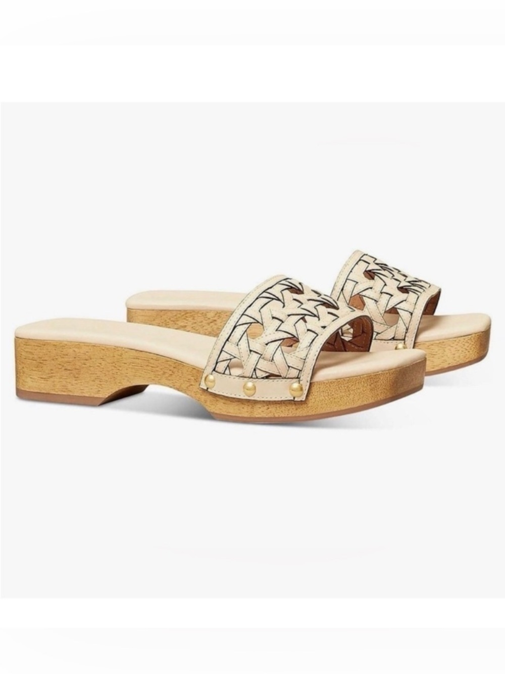 Tory Burch Basketweave Calfskin Cream Clog Sandals Wooden Shoes